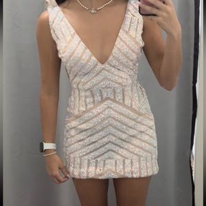 Jovani 63899 white sequin V neck dress